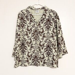 California Threads Linen‎ Button Down Brown Patterned Artsy Top Blouse Shirt